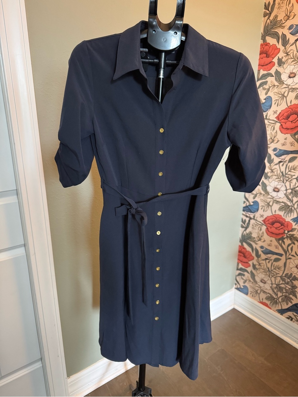 Sharagano Navy Button-Front Midi Shirt Dress with Tie Belt